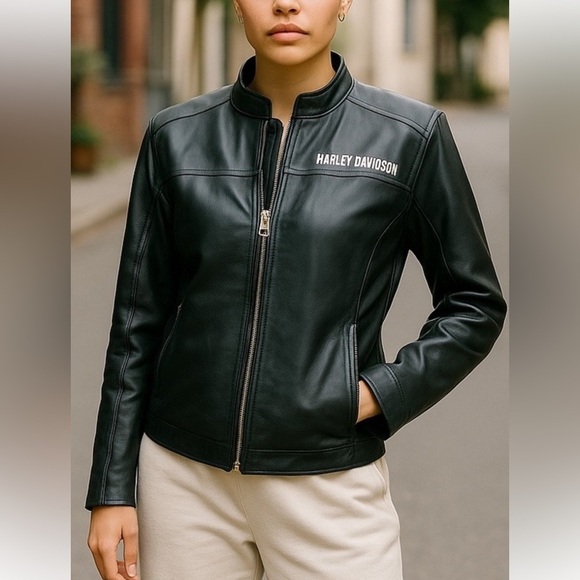 HARLEY- DAVIDSON WOMENS BLACK LEATHER #1 BIKER FLAG EMBLEM RARE JACKET SIZE MED - Picture 1 of 15